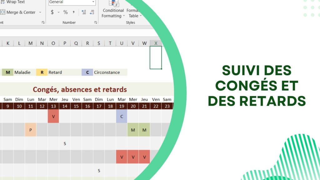 Illustration montrant un fichier Excel de suivi des congés, absences et retards des employés