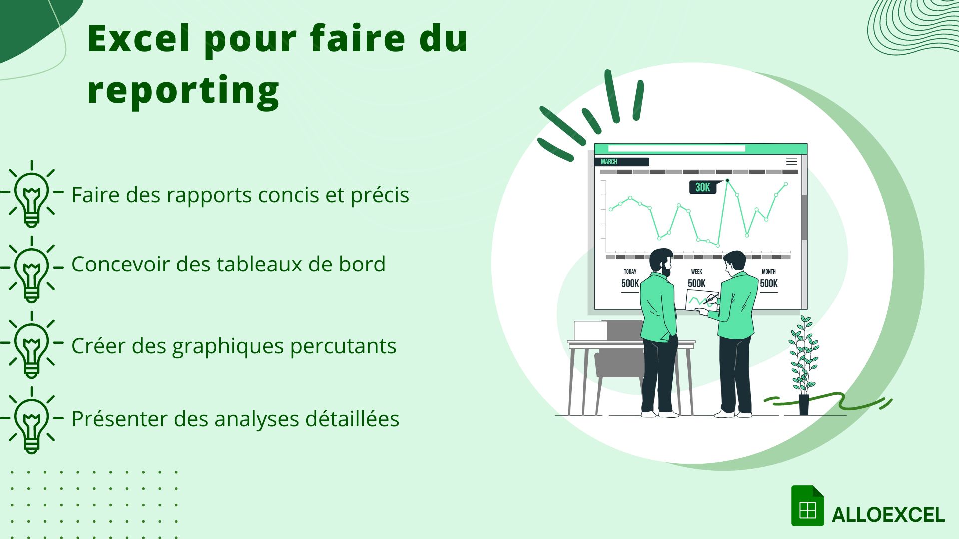 illustration de deux hommes devant un tableau montrant un rapport avec un texte sur les différentes manières d'utiliser Excel en reporting