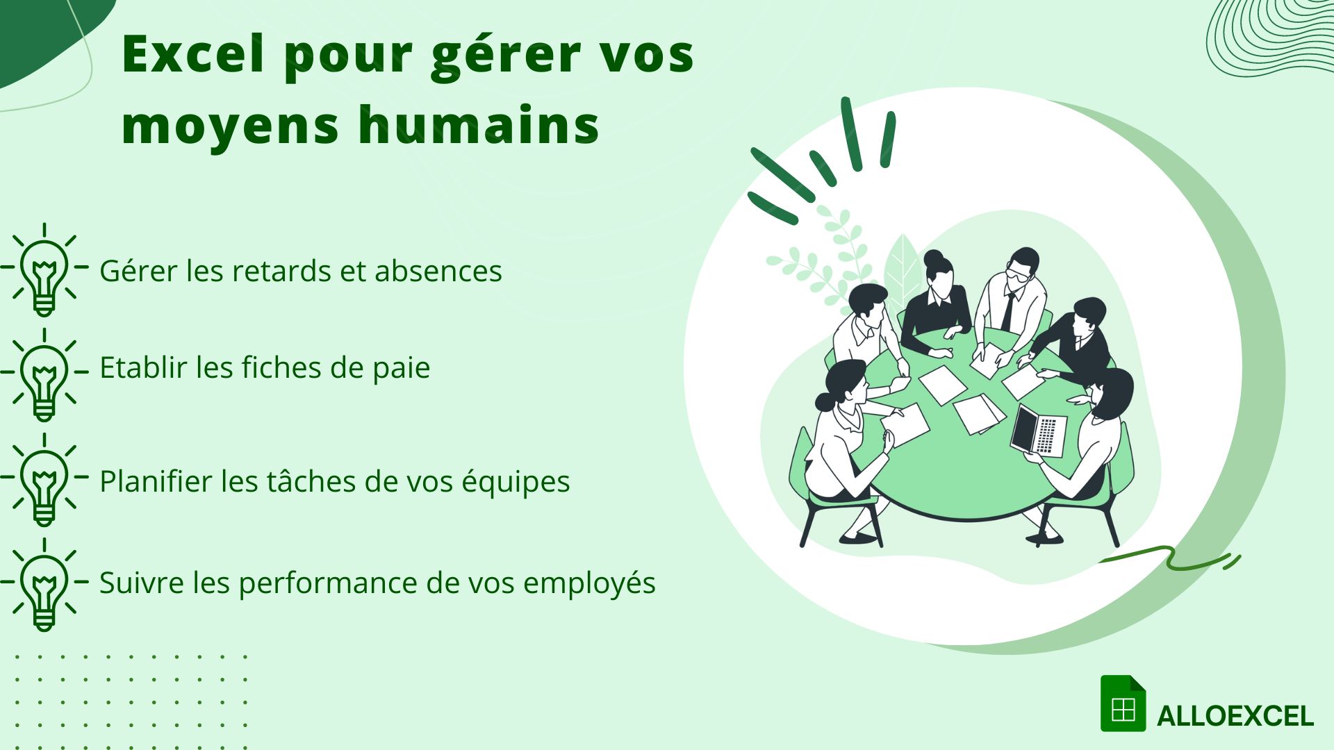 illustration d'un groupe de personnes autour d'une table de réunion avec un texte sur les différentes manières d'utiliser Excel pour la gestion des moyens humains