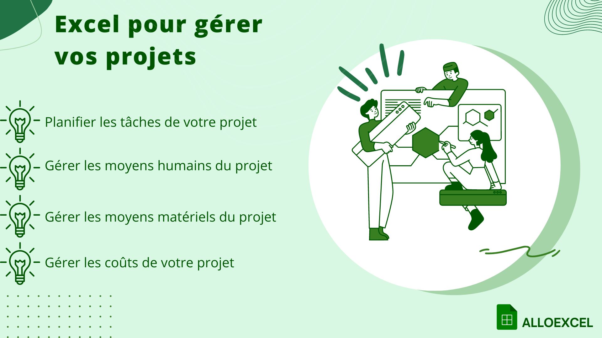 illustration de 3 personnes travaillant sur un projet avec un texte sur les différentes manières d'utiliser Excel dans la gestion de projets