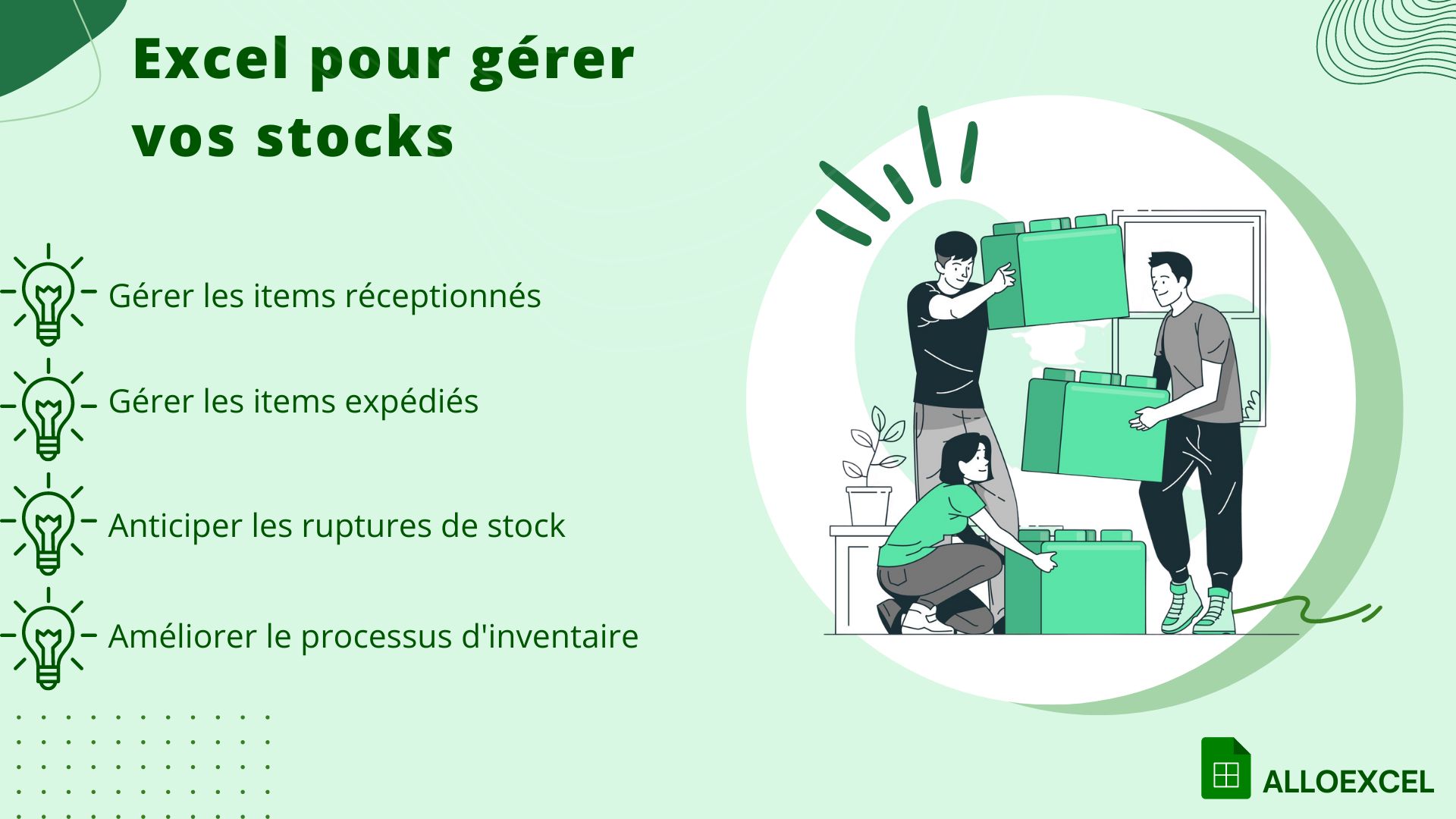 Illustration de 3 personnes qui déplacent des caissons avec un texte sur les différentes manières d'utiliser Excel en gestion de stock