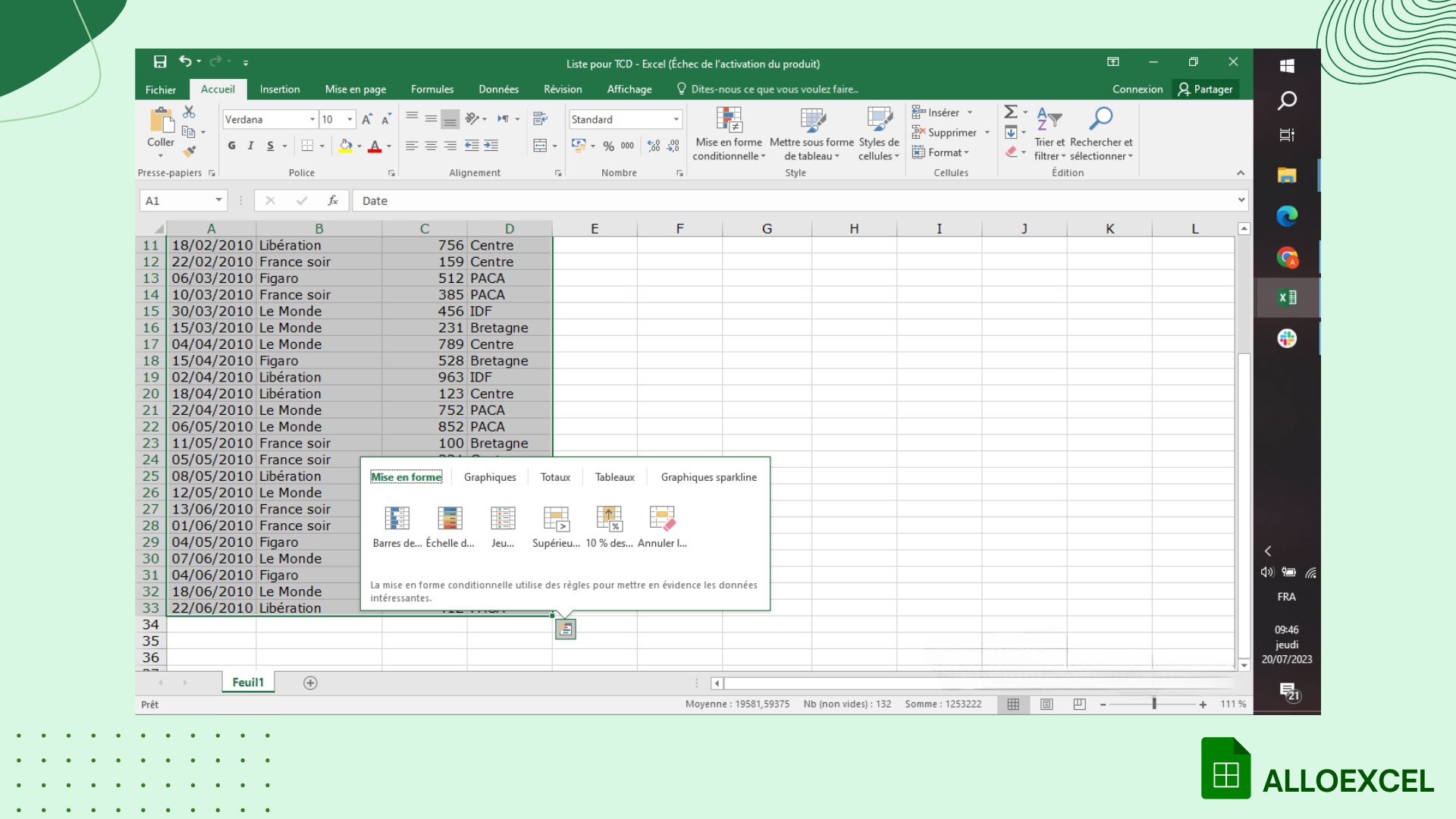 capture d’écran sur la fonctionnalité Analyse rapide d’Excel