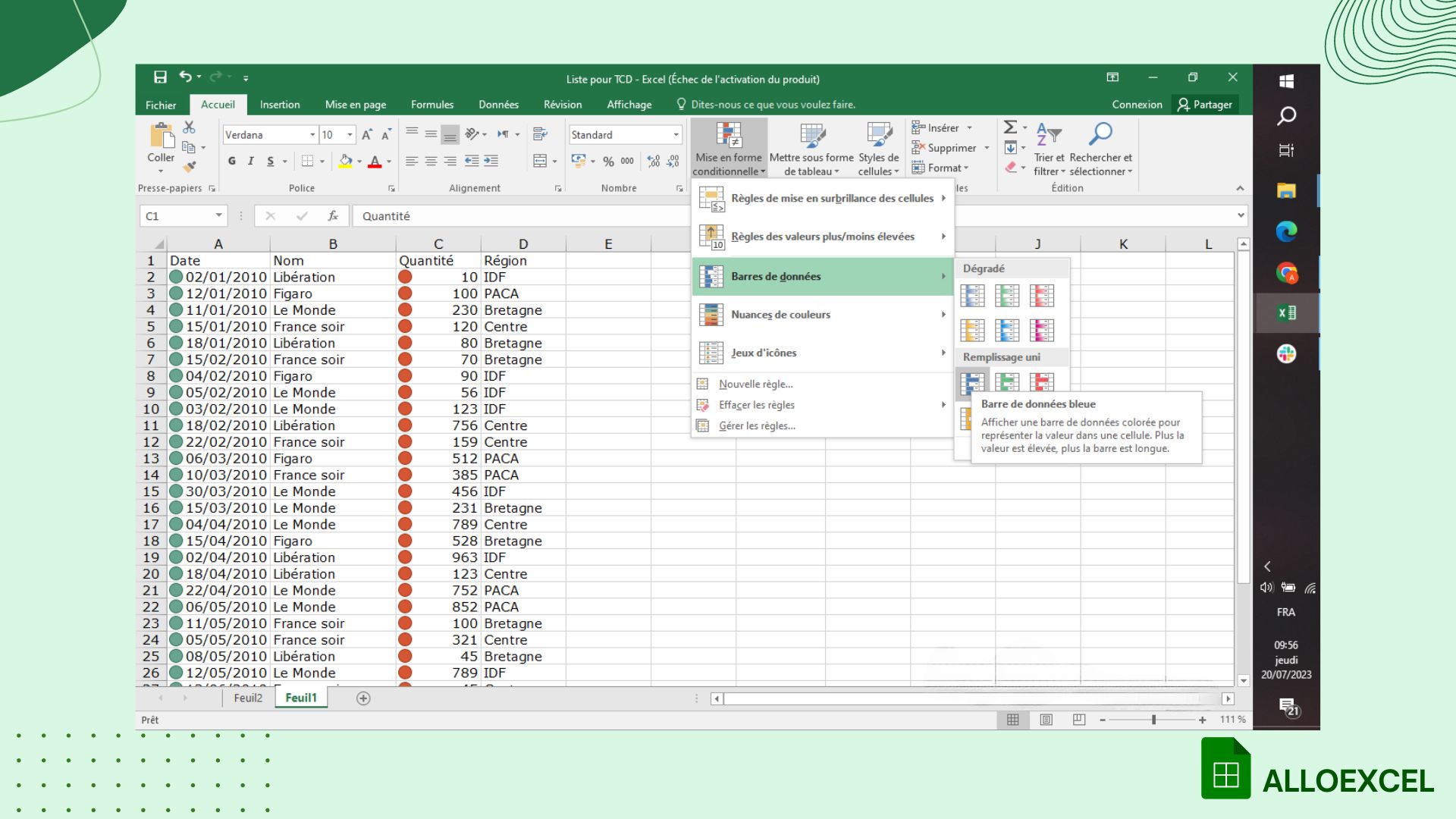 capture d’écran sur la mise en forme conditionnelle sur Excel