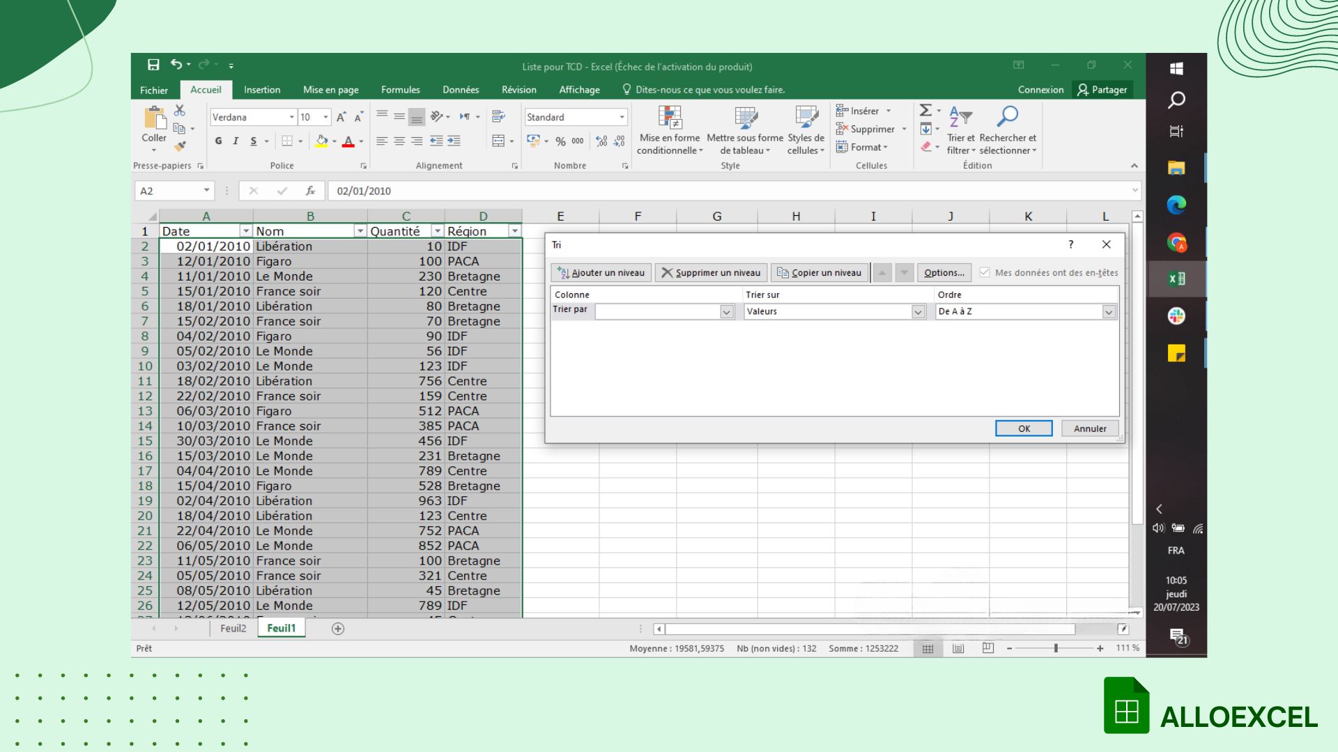 capture d’écran sur les options de tri et de filtres sur Excel