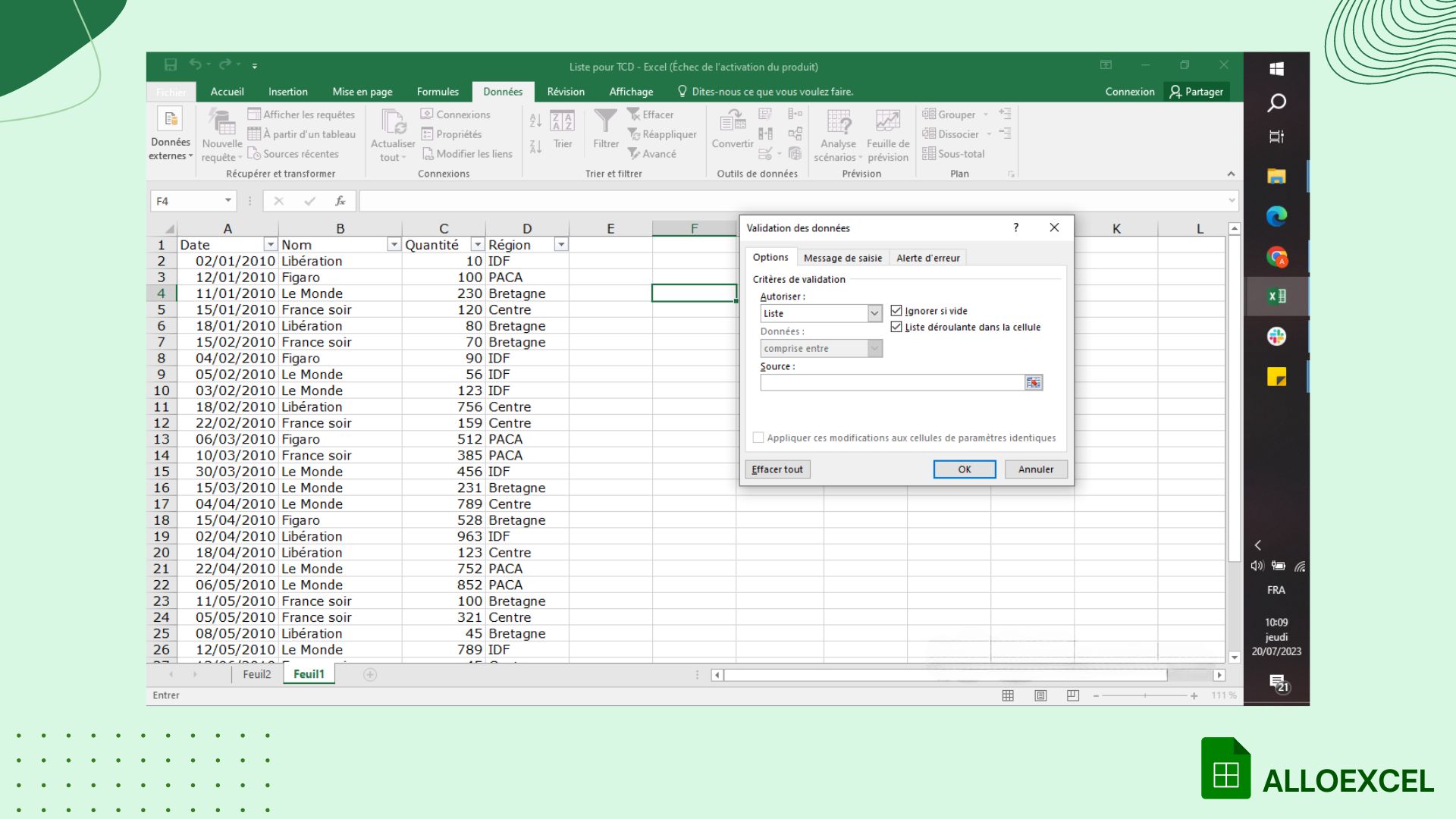 capture d’écran sur l’option validation de données sur Excel